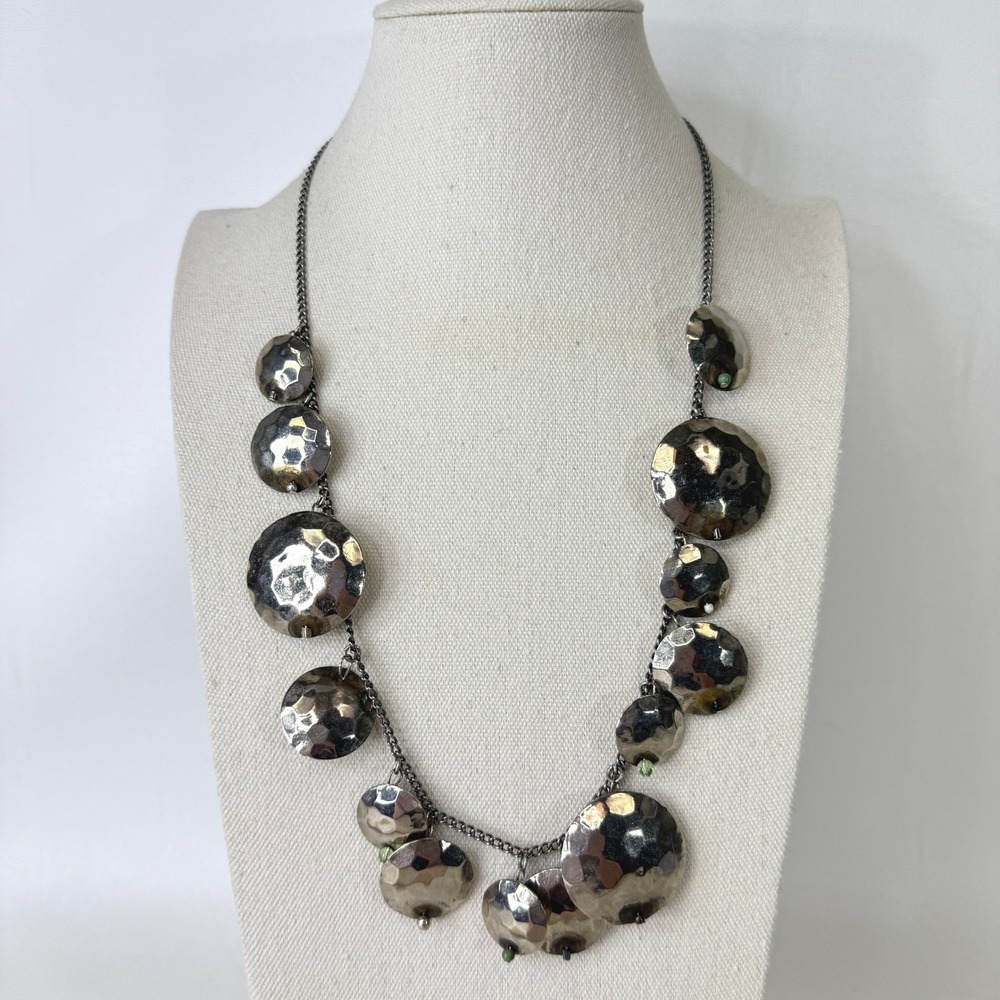 Hammered Silver Tone Statement Necklace Chunky Disc Beads Green Accents